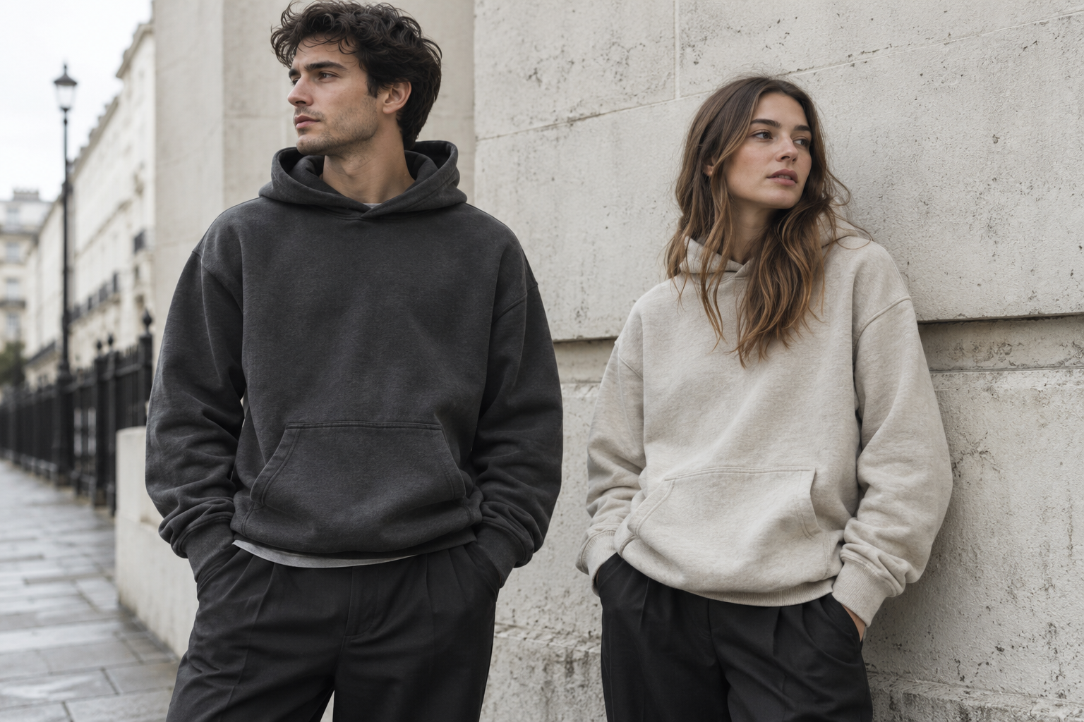 Editorial style inspiration: adults in charcoal and oatmeal hoodies beside a stone wall